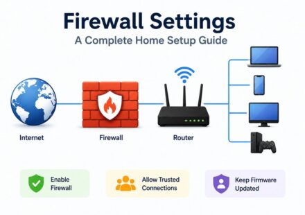 Diagram showing home network firewall setup, with internet, firewall, and router connected to laptop, phone, desktop, and gaming console, plus tips for enabling the firewall, allowing trusted connections, and keeping firmware updated
