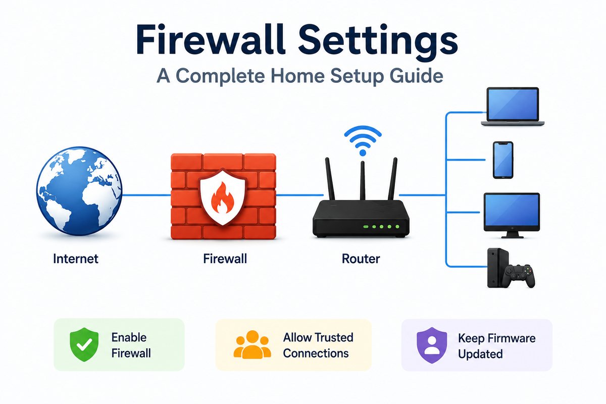 Diagram showing home network firewall setup, with internet, firewall, and router connected to laptop, phone, desktop, and gaming console, plus tips for enabling the firewall, allowing trusted connections, and keeping firmware updated