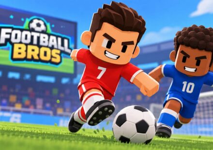 Two cartoon Football Bros players in red and blue jerseys competing for the soccer ball on a stadium field, with the Football Bros game logo displayed on the scoreboard
