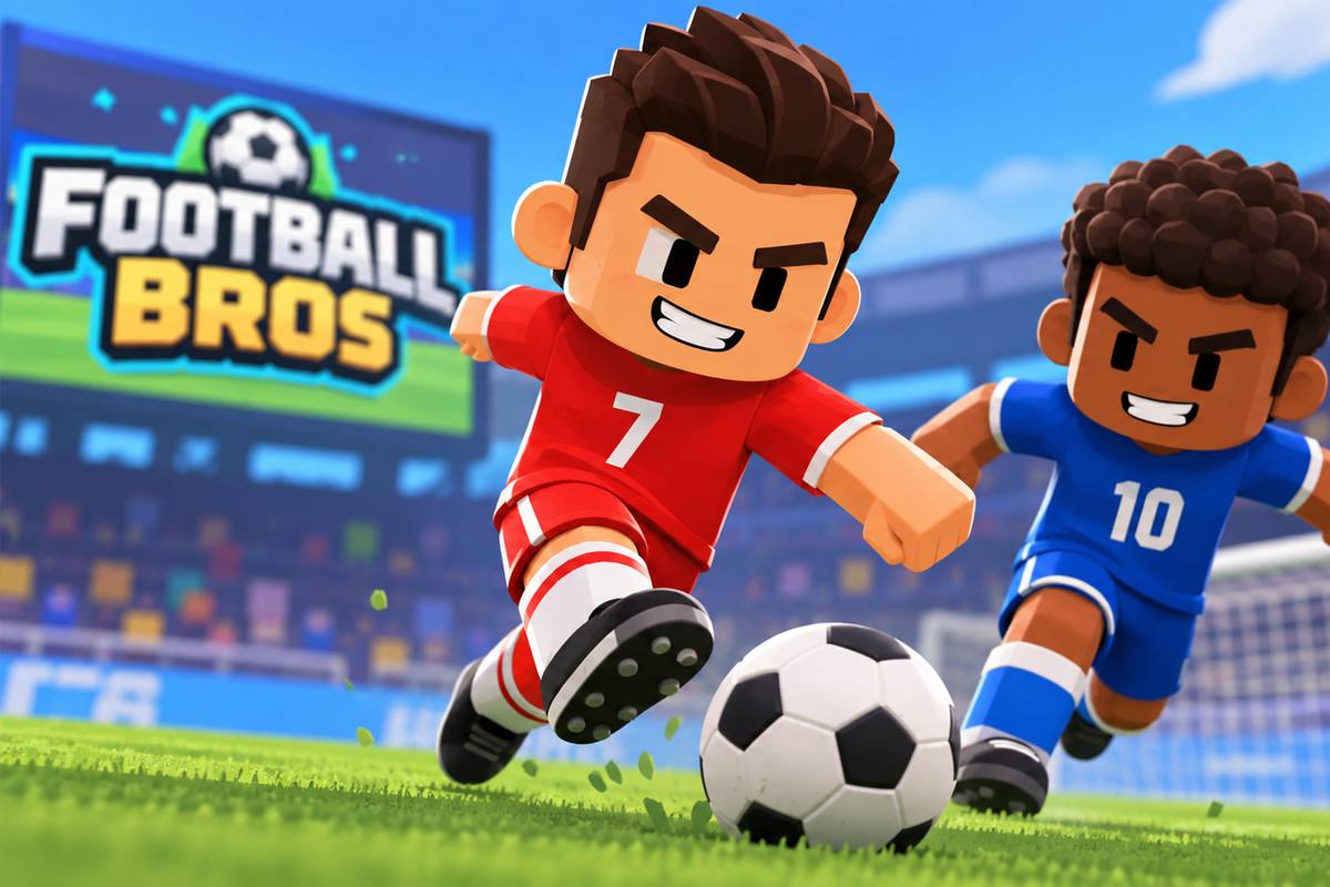 Two cartoon Football Bros players in red and blue jerseys competing for the soccer ball on a stadium field, with the Football Bros game logo displayed on the scoreboard
