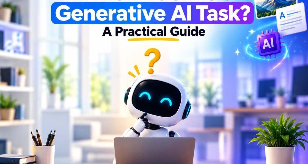 Which task is a generative AI task: a curious white robot at a laptop with a question mark above its head, next to floating icons for image, text, and AI content.