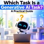 Which task is a generative AI task: a curious white robot at a laptop with a question mark above its head, next to floating icons for image, text, and AI content.