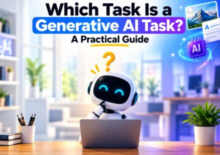 Which task is a generative AI task: a curious white robot at a laptop with a question mark above its head, next to floating icons for image, text, and AI content.