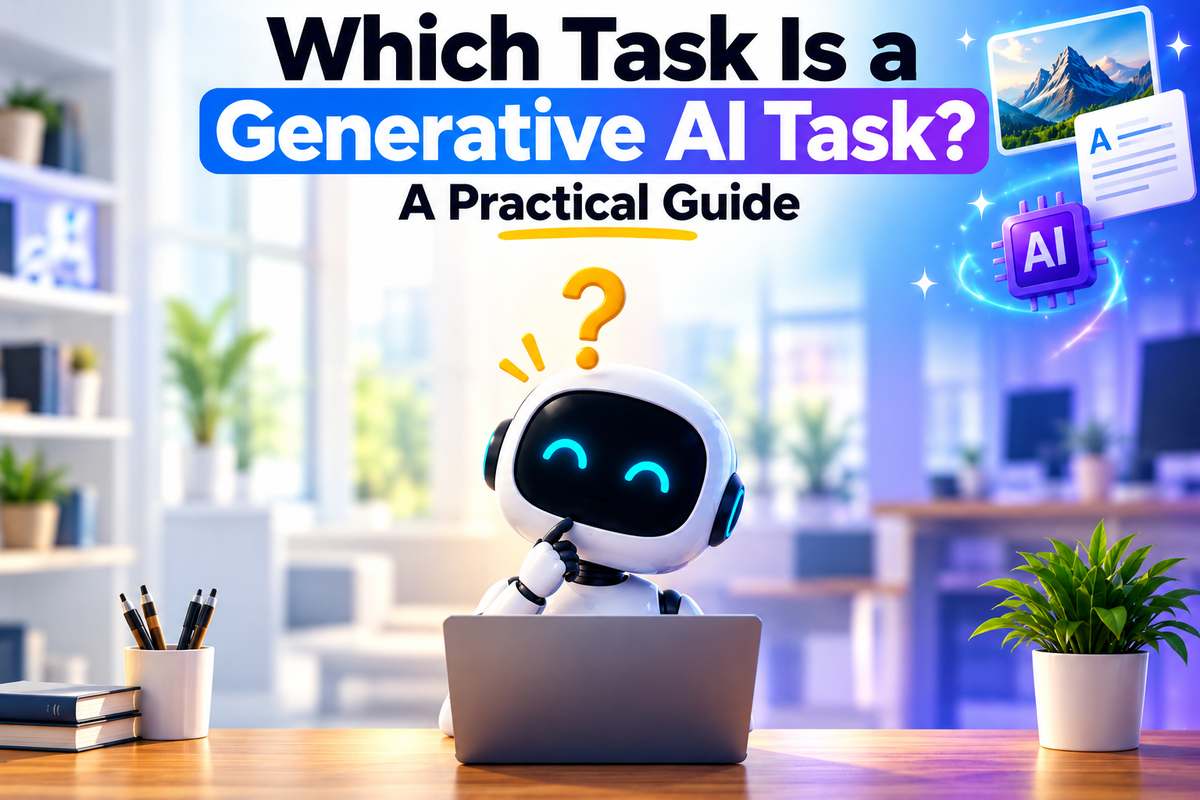 Which task is a generative AI task: a curious white robot at a laptop with a question mark above its head, next to floating icons for image, text, and AI content.