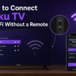 Roku TV WiFi network selection screen next to a close-up of the physical input and reset buttons, with a smartphone showing the Roku app connecting to the same WiFi network, illustrating how to connect a Roku TV to WiFi without a remote