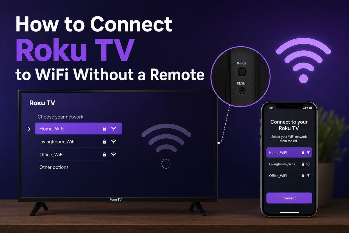 Roku TV WiFi network selection screen next to a close-up of the physical input and reset buttons, with a smartphone showing the Roku app connecting to the same WiFi network, illustrating how to connect a Roku TV to WiFi without a remote