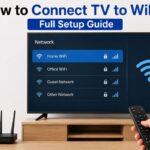 Smart TV WiFi network settings menu showing available networks, with a wireless router and remote control on a media console, illustrating how to connect a TV to WiFi