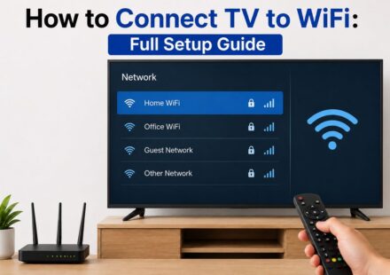 Smart TV WiFi network settings menu showing available networks, with a wireless router and remote control on a media console, illustrating how to connect a TV to WiFi