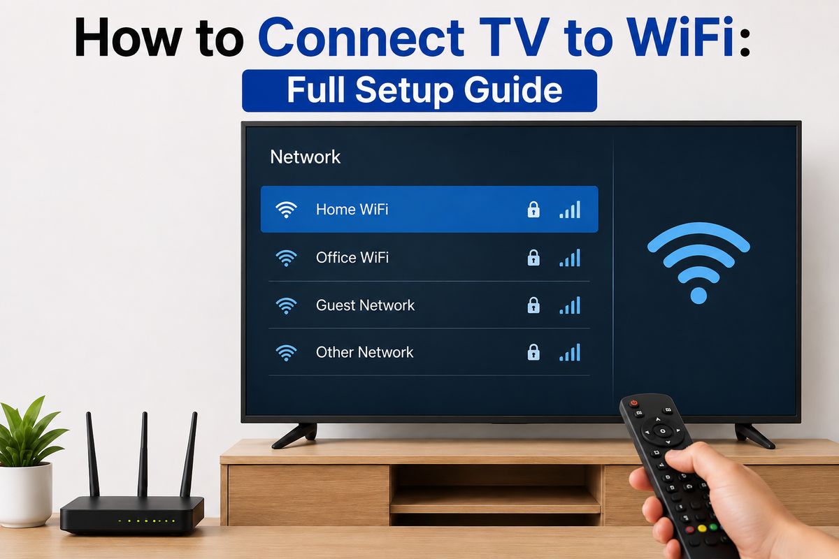 Smart TV WiFi network settings menu showing available networks, with a wireless router and remote control on a media console, illustrating how to connect a TV to WiFi