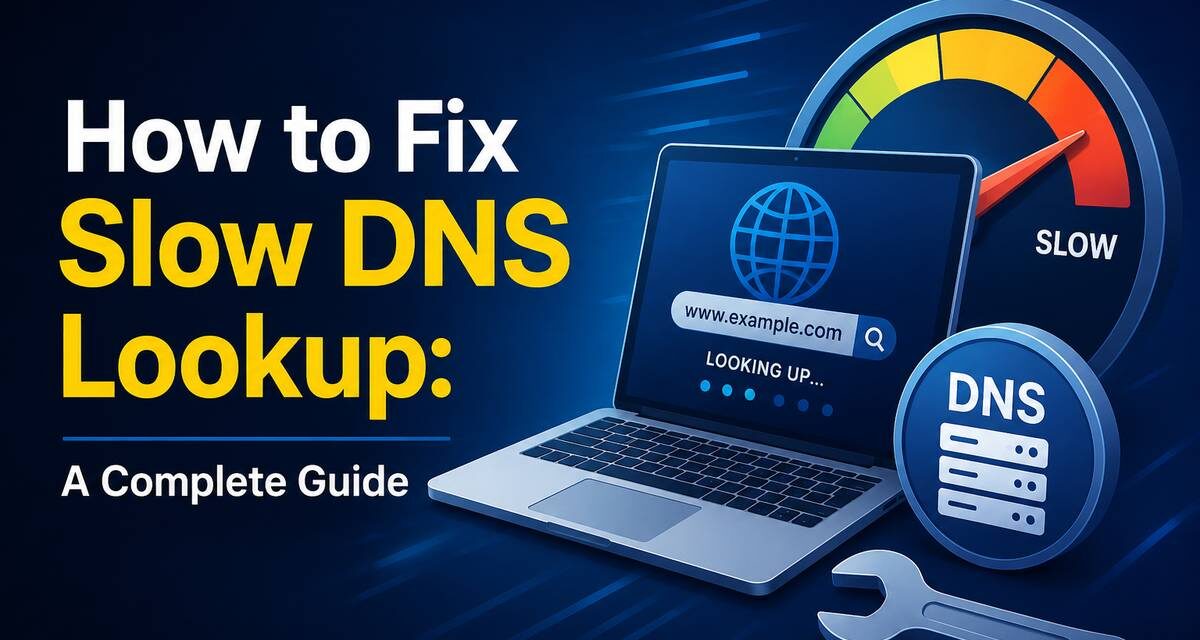 Illustration showing how to fix slow DNS lookup, with a laptop searching www.example.com labeled 'looking up,' a speedometer gauge pointing to slow, a DNS server icon, and a wrench representing the fix