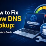 How to Fix Slow DNS Lookup: A Complete Guide Illustration showing how to fix slow DNS lookup, with a laptop searching www.example.com labeled 'looking up,' a speedometer gauge pointing to slow, a DNS server icon, and a wrench representing the fix