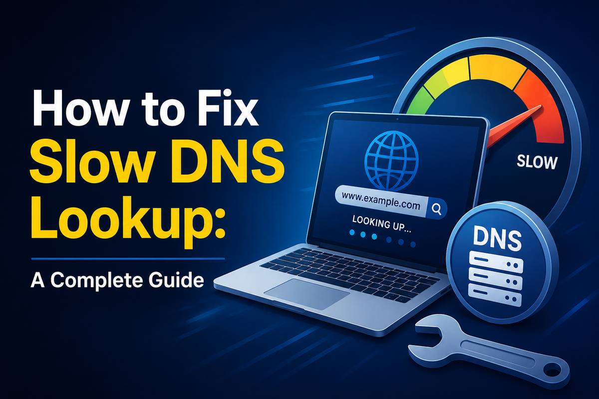Illustration showing how to fix slow DNS lookup, with a laptop searching www.example.com labeled 'looking up,' a speedometer gauge pointing to slow, a DNS server icon, and a wrench representing the fix