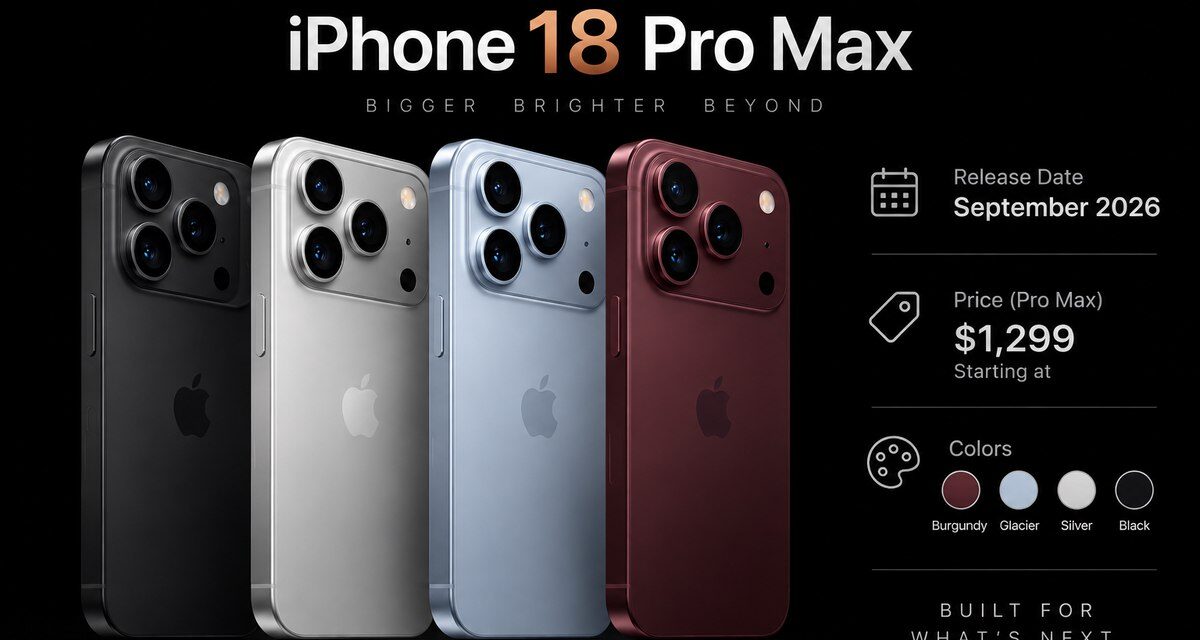 iPhone 18 Pro Max in Black, Silver, Glacier and Burgundy, with the September 2026 release date and $1,299 starting price
