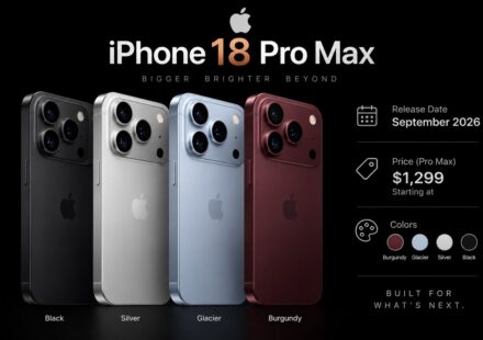 iPhone 18 Pro Max in Black, Silver, Glacier and Burgundy, with the September 2026 release date and $1,299 starting price