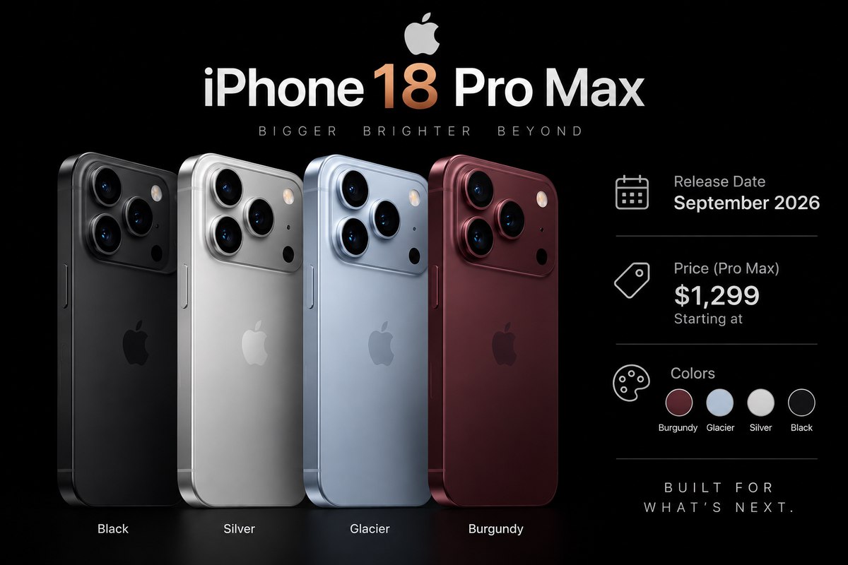 iPhone 18 Pro Max in Black, Silver, Glacier and Burgundy, with the September 2026 release date and $1,299 starting price
