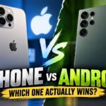 Split-screen image comparing an iPhone with triple camera lenses on the left and a Samsung Android phone with camera lenses on the right, with the Apple and Android logos in the background and text reading iPhone vs Android, which one actually wins