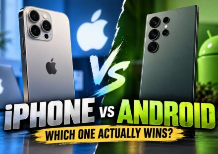 Split-screen image comparing an iPhone with triple camera lenses on the left and a Samsung Android phone with camera lenses on the right, with the Apple and Android logos in the background and text reading iPhone vs Android, which one actually wins