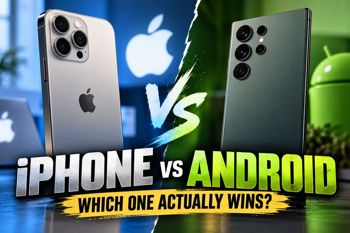 Split-screen image comparing an iPhone with triple camera lenses on the left and a Samsung Android phone with camera lenses on the right, with the Apple and Android logos in the background and text reading iPhone vs Android, which one actually wins