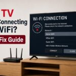 LG TV showing a WiFi connection error with no internet access, next to a wireless router on a media console, illustrating an LG TV not connecting to WiFi