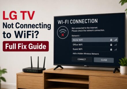 LG TV showing a WiFi connection error with no internet access, next to a wireless router on a media console, illustrating an LG TV not connecting to WiFi