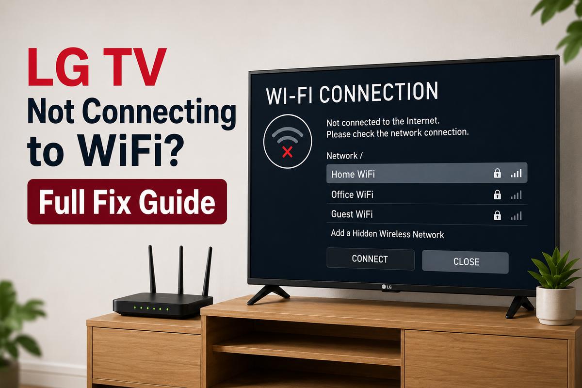 LG TV showing a WiFi connection error with no internet access, next to a wireless router on a media console, illustrating an LG TV not connecting to WiFi