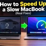 Two MacBooks side by side showing a before and after comparison, the left one displaying a slow loading spinner and the right one showing a speedometer graphic reading much faster, with sticky notes listing too many apps, low storage, and slow performance