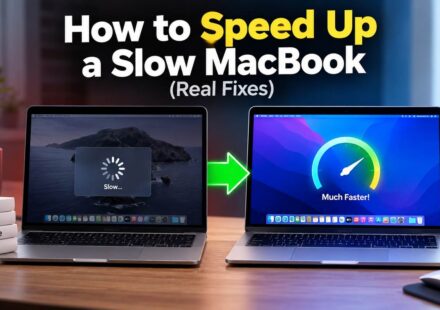 Two MacBooks side by side showing a before and after comparison, the left one displaying a slow loading spinner and the right one showing a speedometer graphic reading much faster, with sticky notes listing too many apps, low storage, and slow performance