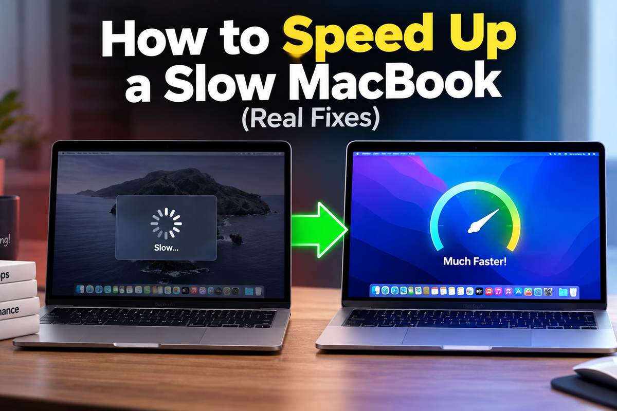Two MacBooks side by side showing a before and after comparison, the left one displaying a slow loading spinner and the right one showing a speedometer graphic reading much faster, with sticky notes listing too many apps, low storage, and slow performance