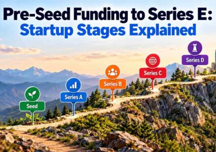 Pre-seed funding to Series E: a mountain trail with signposts for Pre-Seed, Seed, Series A, Series B, Series C, Series D, and Series E, climbing toward a city skyline.