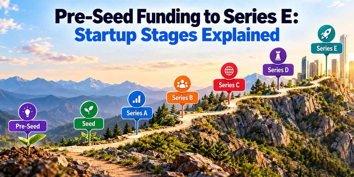 Pre-seed funding to Series E: a mountain trail with signposts for Pre-Seed, Seed, Series A, Series B, Series C, Series D, and Series E, climbing toward a city skyline.