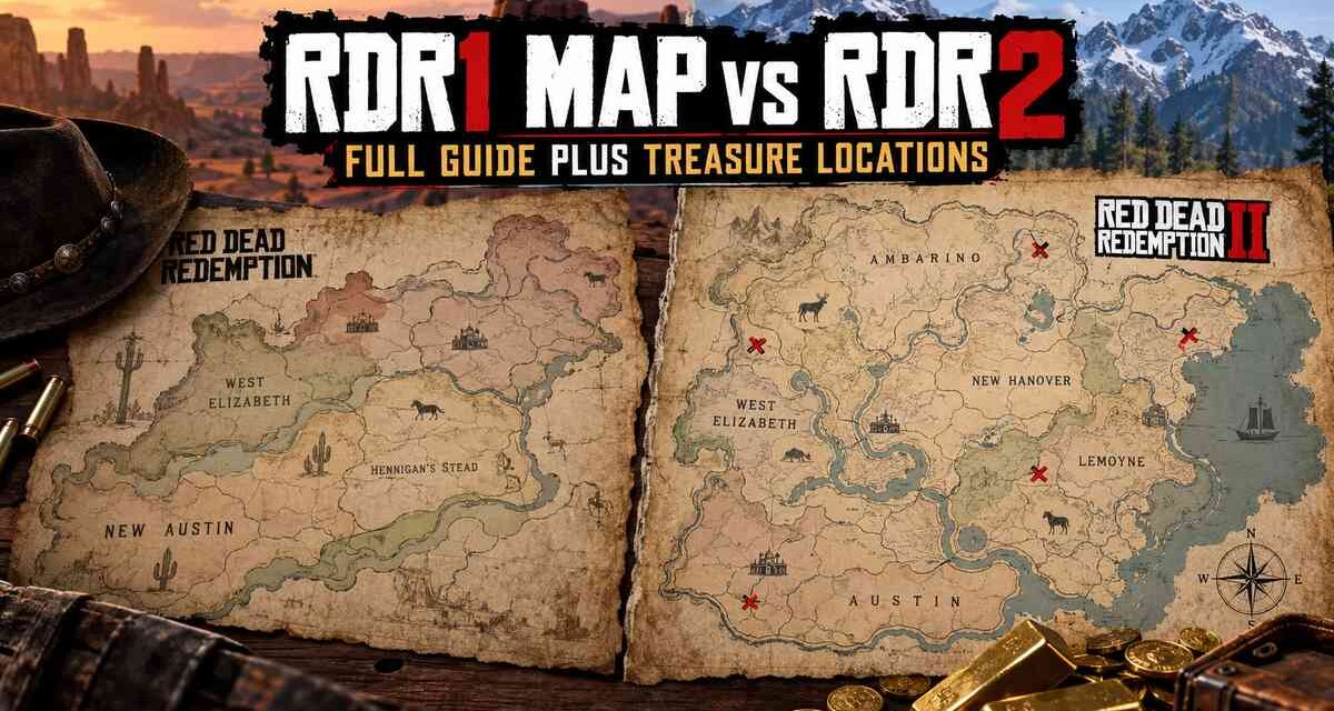 Side-by-side comparison of the Red Dead Redemption map and the Red Dead Redemption 2 map, with red X marks showing treasure hunt locations and gold bars in the foreground