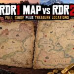 RDR1 Map vs RDR2: Full Guide Plus Treasure Locations Side-by-side comparison of the Red Dead Redemption map and the Red Dead Redemption 2 map, with red X marks showing treasure hunt locations and gold bars in the foreground
