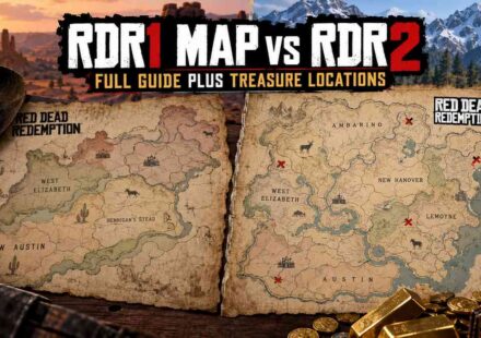 Side-by-side comparison of the Red Dead Redemption map and the Red Dead Redemption 2 map, with red X marks showing treasure hunt locations and gold bars in the foreground
