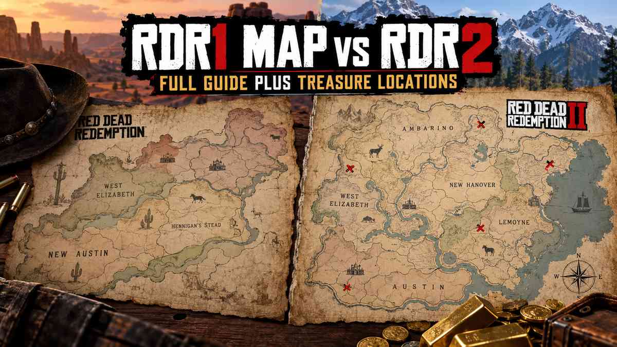 Side-by-side comparison of the Red Dead Redemption map and the Red Dead Redemption 2 map, with red X marks showing treasure hunt locations and gold bars in the foreground