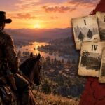 Arthur Morgan on horseback overlooking a sunset valley in Red Dead Redemption 2, with tarot-style cards numbered I through VI representing the game's six chapters