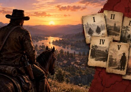 Arthur Morgan on horseback overlooking a sunset valley in Red Dead Redemption 2, with tarot-style cards numbered I through VI representing the game's six chapters