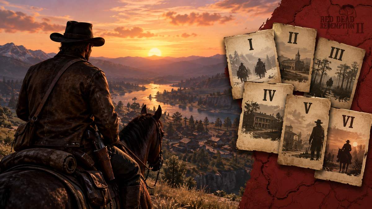 Arthur Morgan on horseback overlooking a sunset valley in Red Dead Redemption 2, with tarot-style cards numbered I through VI representing the game's six chapters