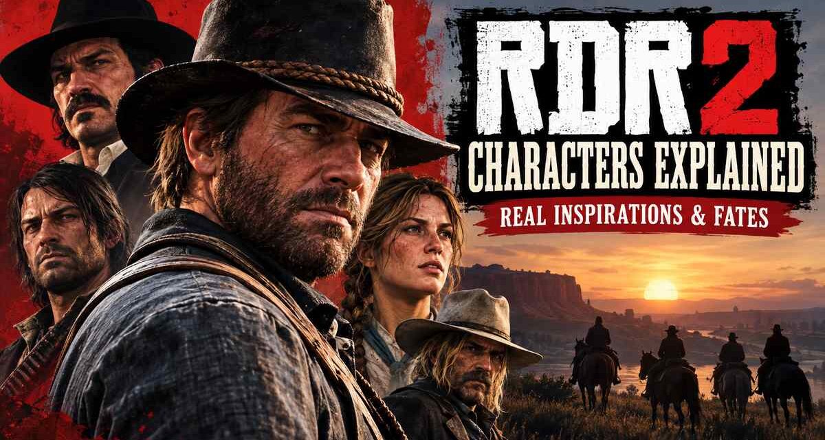 Group portrait of RDR2 characters including Arthur Morgan, Sadie Adler, Dutch van der Linde, Bill Williamson, and Javier Escuella, with a line of riders on horseback silhouetted against a sunset in the background