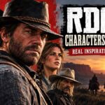 RDR2 Characters Explained: Real Inspirations & Fates Group portrait of RDR2 characters including Arthur Morgan, Sadie Adler, Dutch van der Linde, Bill Williamson, and Javier Escuella, with a line of riders on horseback silhouetted against a sunset in the background
