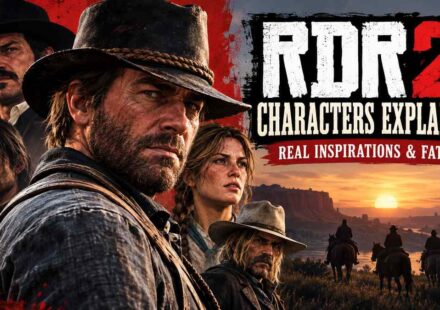 Group portrait of RDR2 characters including Arthur Morgan, Sadie Adler, Dutch van der Linde, Bill Williamson, and Javier Escuella, with a line of riders on horseback silhouetted against a sunset in the background