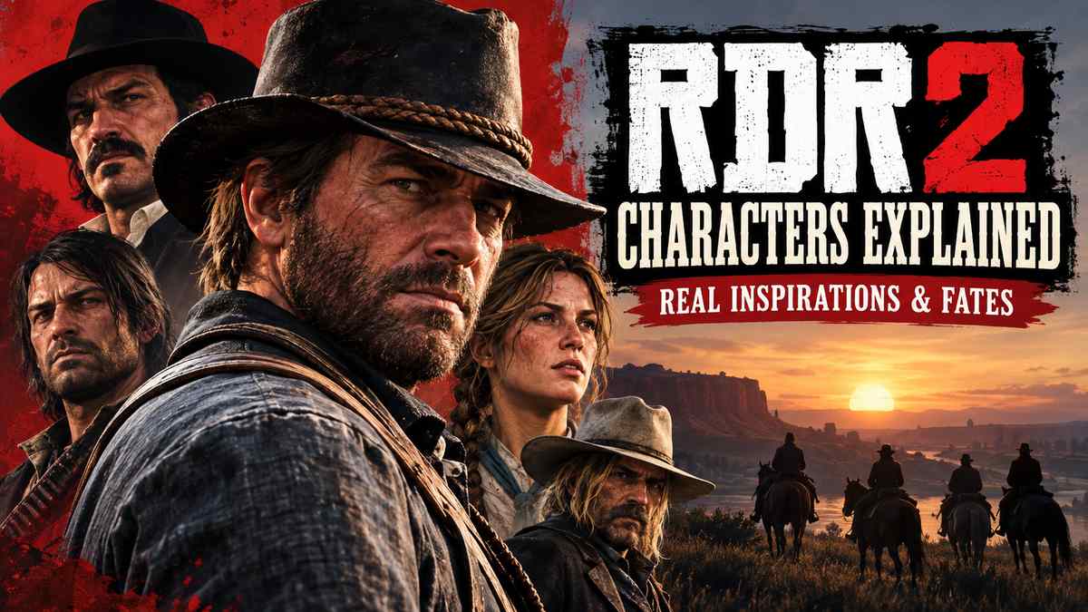 Group portrait of RDR2 characters including Arthur Morgan, Sadie Adler, Dutch van der Linde, Bill Williamson, and Javier Escuella, with a line of riders on horseback silhouetted against a sunset in the background