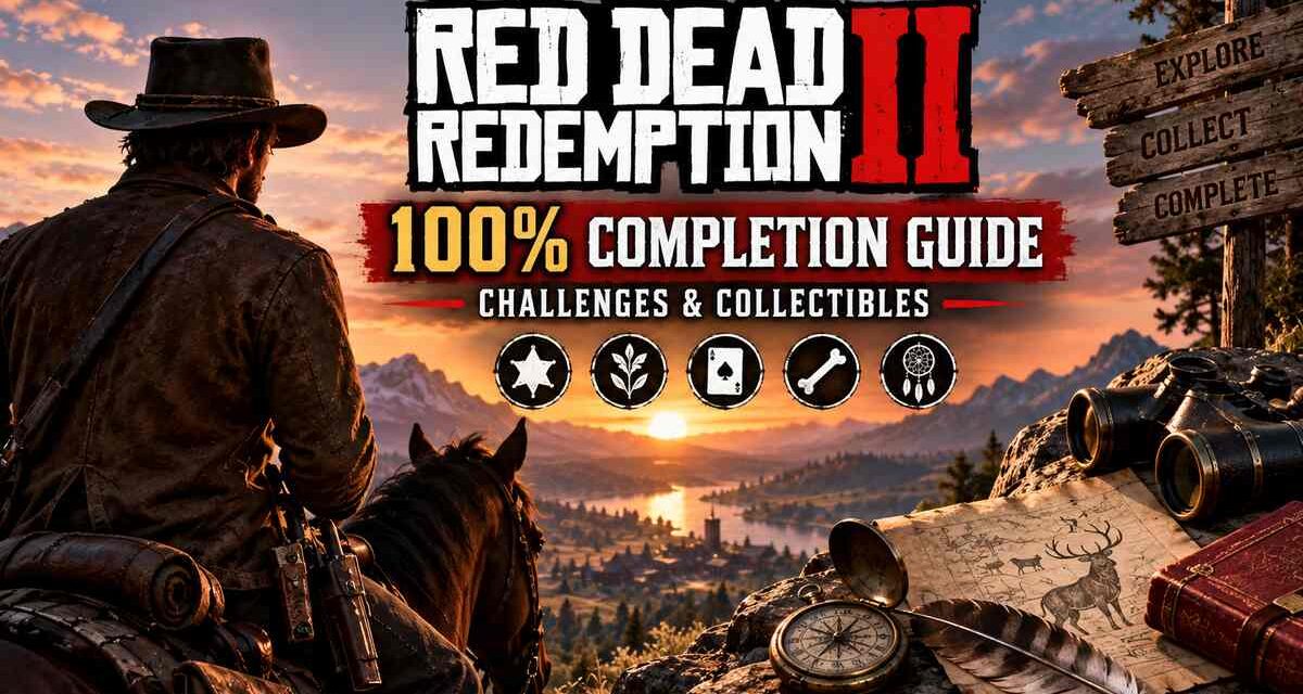 Red Dead Redemption 2 100% Completion Guide cover art showing Arthur Morgan on horseback overlooking a valley, with icons for challenges, plants, cards, bones, and collectibles representing the game's completion categories
