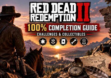 Red Dead Redemption 2 100% Completion Guide cover art showing Arthur Morgan on horseback overlooking a valley, with icons for challenges, plants, cards, bones, and collectibles representing the game's completion categories