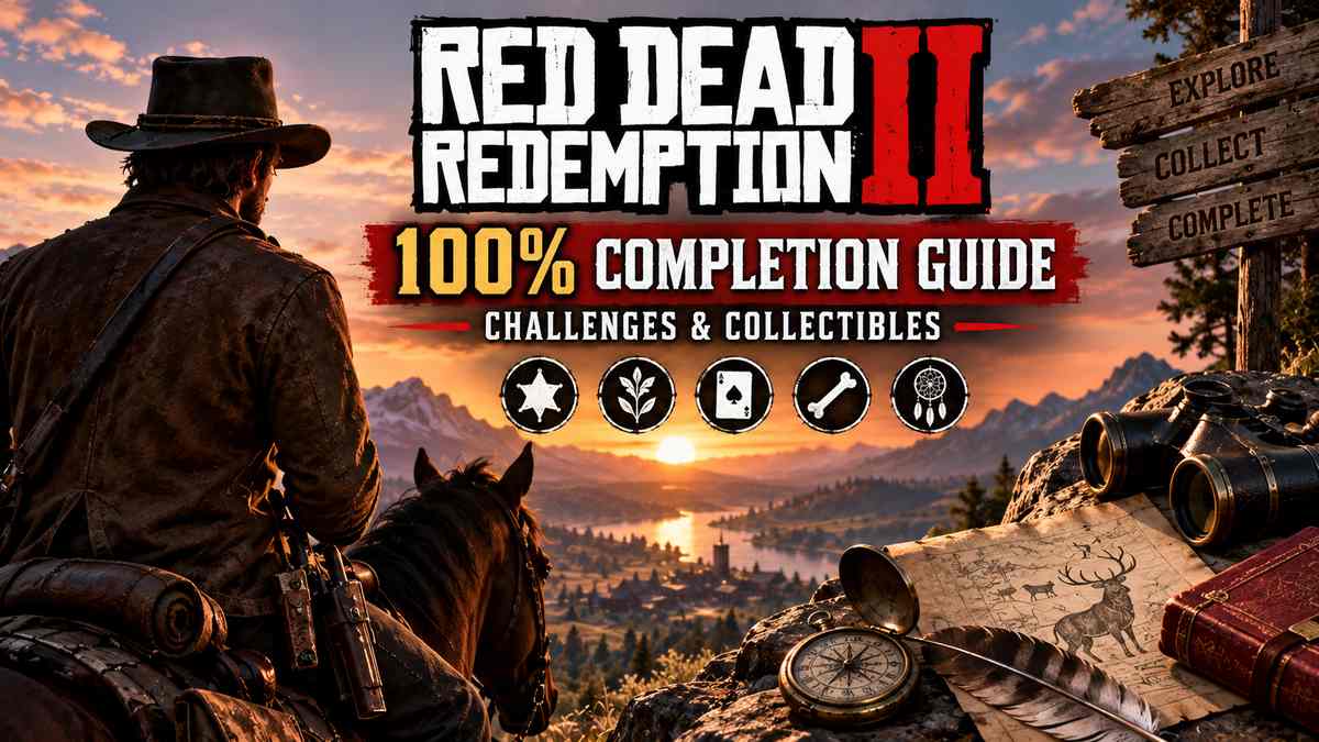 Red Dead Redemption 2 100% Completion Guide cover art showing Arthur Morgan on horseback overlooking a valley, with icons for challenges, plants, cards, bones, and collectibles representing the game's completion categories