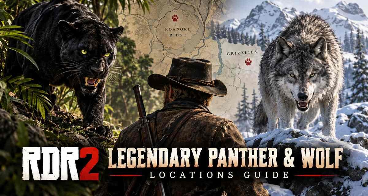Split image showing a black legendary panther in a jungle on the left and a gray legendary wolf in a snowy mountain area on the right, with Arthur Morgan in the center and a map marking Roanoke Ridge and the Grizzlies with paw print icons