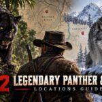 RDR2 Legendary Panther & Wolf Locations Guide Split image showing a black legendary panther in a jungle on the left and a gray legendary wolf in a snowy mountain area on the right, with Arthur Morgan in the center and a map marking Roanoke Ridge and the Grizzlies with paw print icons