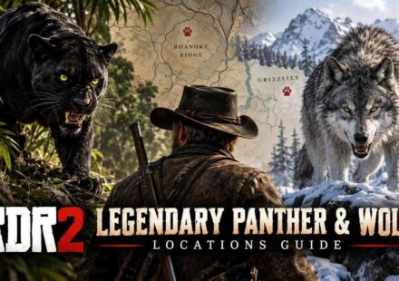 Split image showing a black legendary panther in a jungle on the left and a gray legendary wolf in a snowy mountain area on the right, with Arthur Morgan in the center and a map marking Roanoke Ridge and the Grizzlies with paw print icons