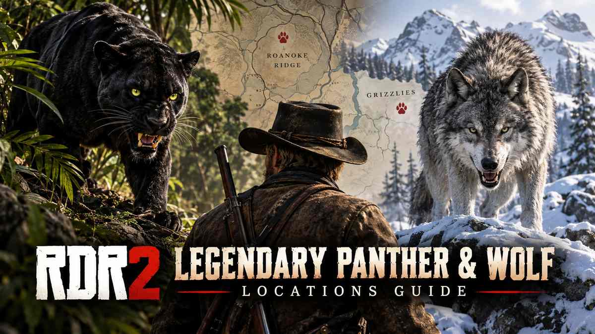 Split image showing a black legendary panther in a jungle on the left and a gray legendary wolf in a snowy mountain area on the right, with Arthur Morgan in the center and a map marking Roanoke Ridge and the Grizzlies with paw print icons
