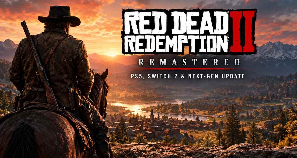 Arthur Morgan on horseback overlooking a sunset valley with a distant town, next to text reading 'Red Dead Redemption II Remastered: PS5, Switch 2 & Next-Gen Update