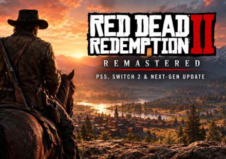 Arthur Morgan on horseback overlooking a sunset valley with a distant town, next to text reading 'Red Dead Redemption II Remastered: PS5, Switch 2 & Next-Gen Update